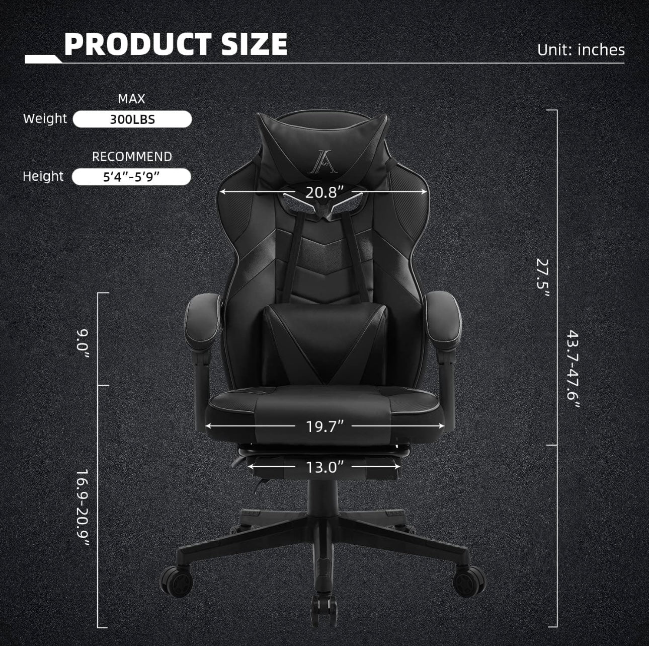 AJS Gaming Chair, Video Game Chair Ergonomic Task Racing Chair Adjustable Swivel PU Leather Office Chair, with Lumbar Support, Headrest, Padded Armrest and Retractable Footrest (Black)