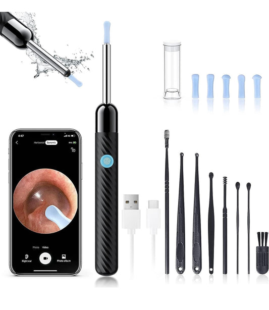 Ear Wax Removal - Earwax Remover Tool with 8 Pcs Ear Set - Ear Cleaner with Camera - Earwax Removal Kit with Light - Ear Camera with 6 Ear Spoon - Ear Cleaner for iOS & Android (Black)