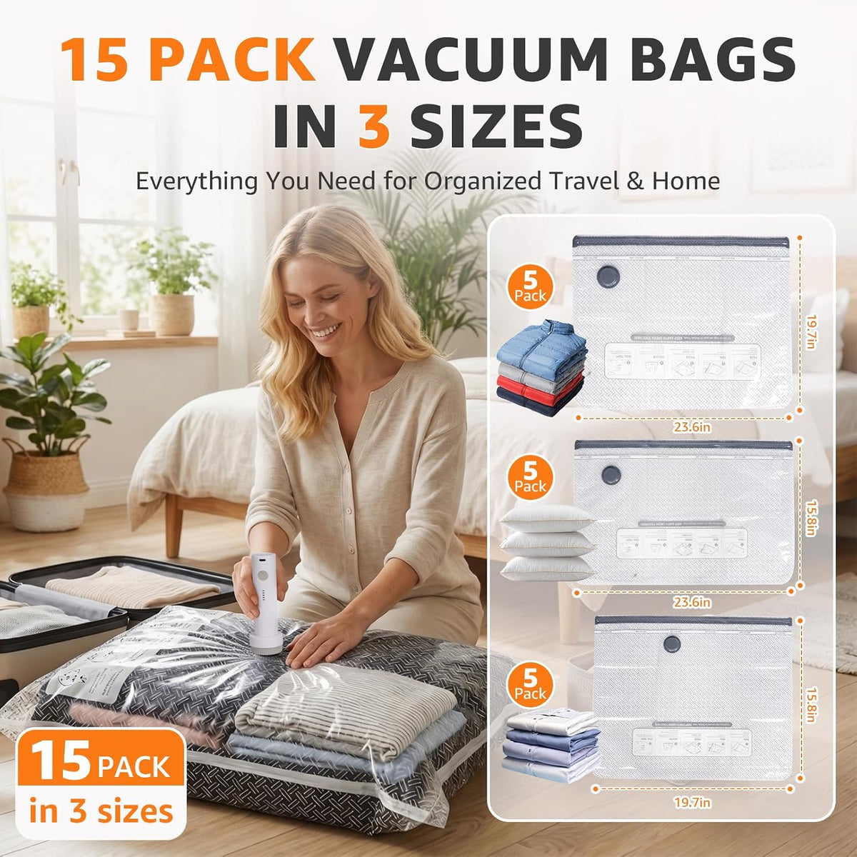 15 Pack Travel Vacuum Bags with Rechargeable Pump, 3 Sizes Combo
Space Saver Vacuum Seal Bags for Clothing Travel, 5000Pa Compression Packing Cubes for Luggage Suitcase, Cruise Essentials
