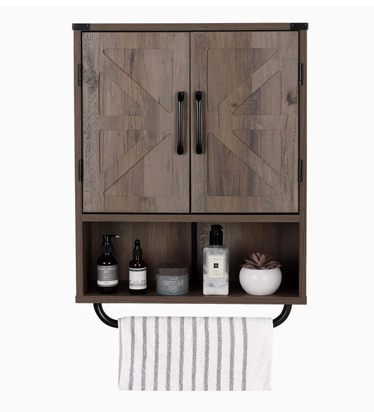 Wood Wall Mounted Storage Cabinet with Two Barn Door, 3-Tier Farmhouse Toilet Bathroom Spacesaver, Multipurpose Kitchen Medicine Cabinet with Adjustable Shelf and Towel Bar