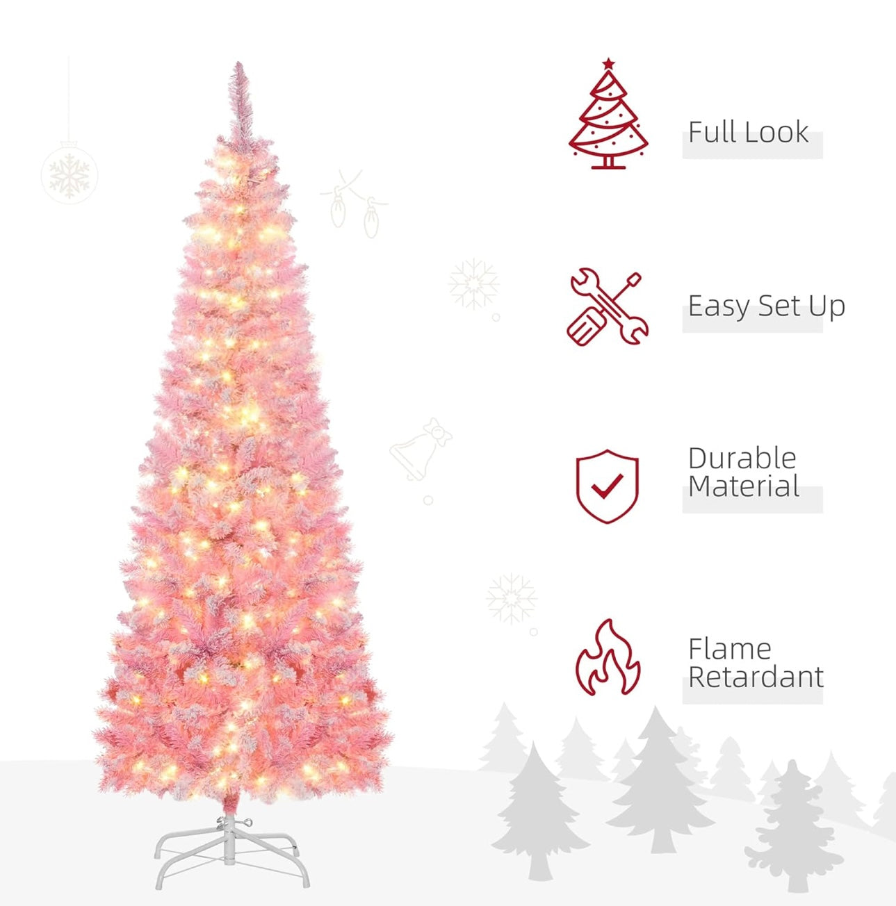 6ft Prelit Snow Flocked Artificial Christmas Tree with Pencil Shape, Pine Realistic Branches, Warm White LED Lights, Auto Open, Pink