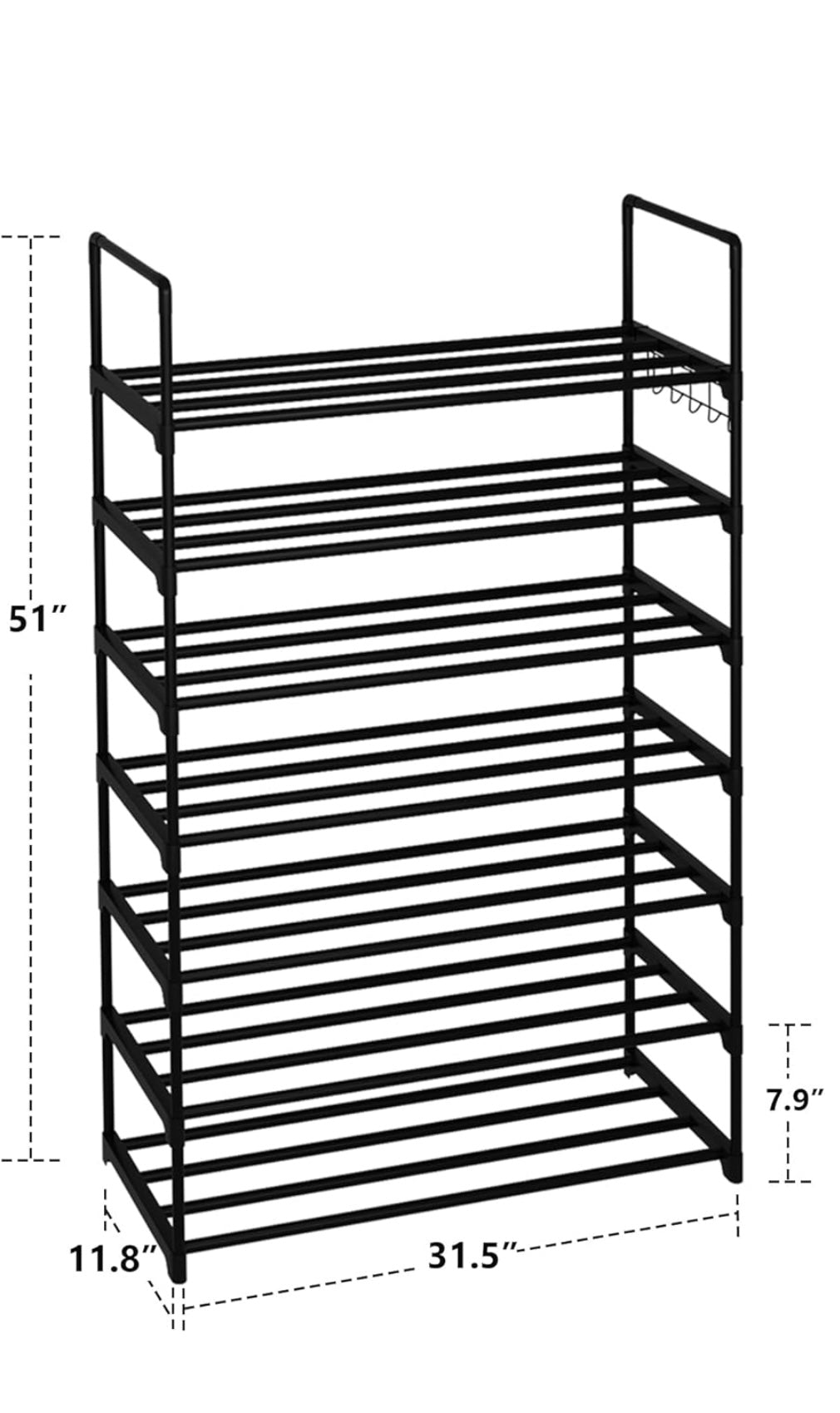 7 Tiers Shoe Organizer with Hook for 24 Pairs of Shoes, Space-Saving Metal Shoe Shelf Storage for Entryway, Living Room - Black