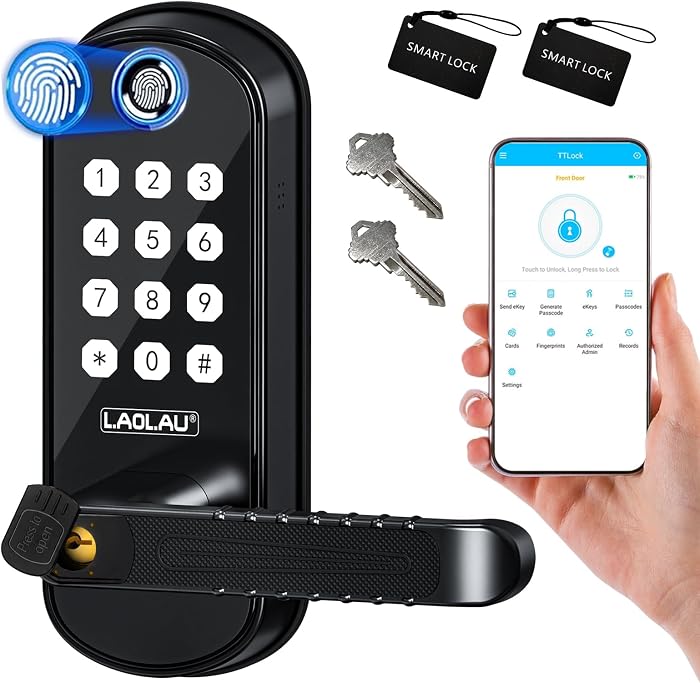 Smart Fingerprint Door Lock, 6-in-1 Keyless Entry, App Control, Auto Lock
Backlit Keypad Door Lock with Handle, Anti-Peep Password, 15-Min Install Alexa & Google Compatible for Front Doors & Bedrooms