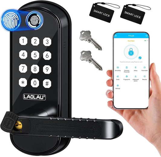 Smart Fingerprint Door Lock, 6-in-1 Keyless Entry, App Control, Auto Lock
Backlit Keypad Door Lock with Handle, Anti-Peep Password, 15-Min Install Alexa & Google Compatible for Front Doors & Bedrooms