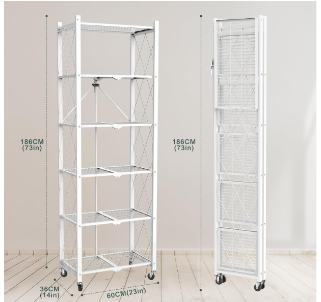 Folding Bookshelf, 6 Tier Metal Bookcase and Bookshelves, Tall Shelves for Living Room Office Bedroom, Heavy Duty Book Shelve Free Standing Open