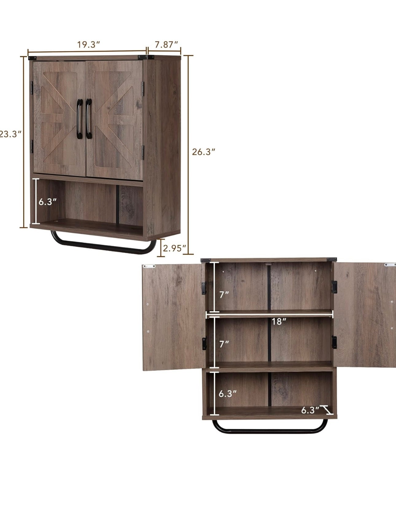 Wood Wall Mounted Storage Cabinet with Two Barn Door, 3-Tier Farmhouse Toilet Bathroom Spacesaver, Multipurpose Kitchen Medicine Cabinet with Adjustable Shelf and Towel Bar