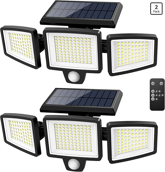 Solar Outdoor Lights 2500LM 210 LED Security Lights with Remote Control,3 Heads Motion Sensor Lights, IP65 Waterproof,270° Wide Angle Flood Wall Lights with 3 Modes(2 Packs)