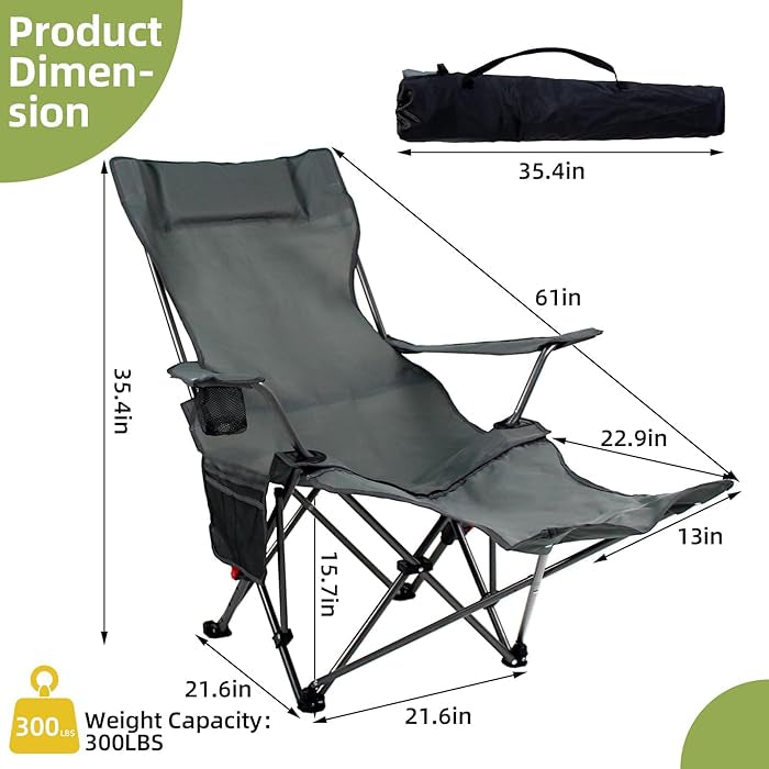 Reclining Camping Chairs for Adults, Recliner Chair with Removable Footrest & Cup Holder, Folding Chairs for Outside W/Adjustable Backrest & Storage Bag for Fishing, Beach, Lawn