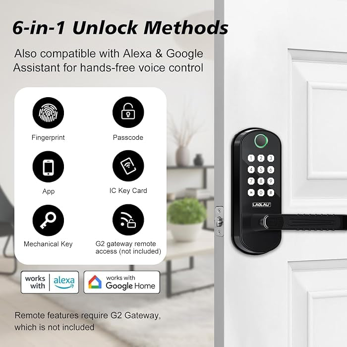 Smart Fingerprint Door Lock, 6-in-1 Keyless Entry, App Control, Auto Lock
Backlit Keypad Door Lock with Handle, Anti-Peep Password, 15-Min Install Alexa & Google Compatible for Front Doors & Bedrooms