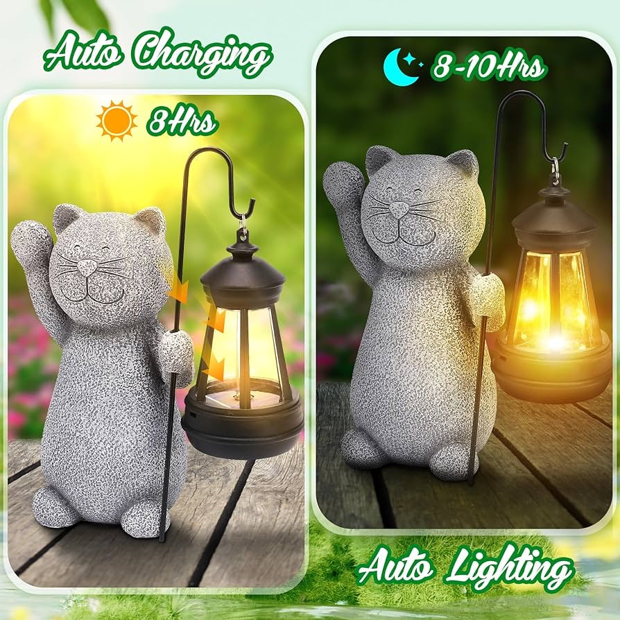 Solar Lights Outdoor Garden Decor Cat Figurine, Birthday Gifts for Women Mom Grandma,Outdoor Decor Garden Art with Solar Lantern, Loving Cat Solar Lights for Yard Patio, Housewarming Gifts