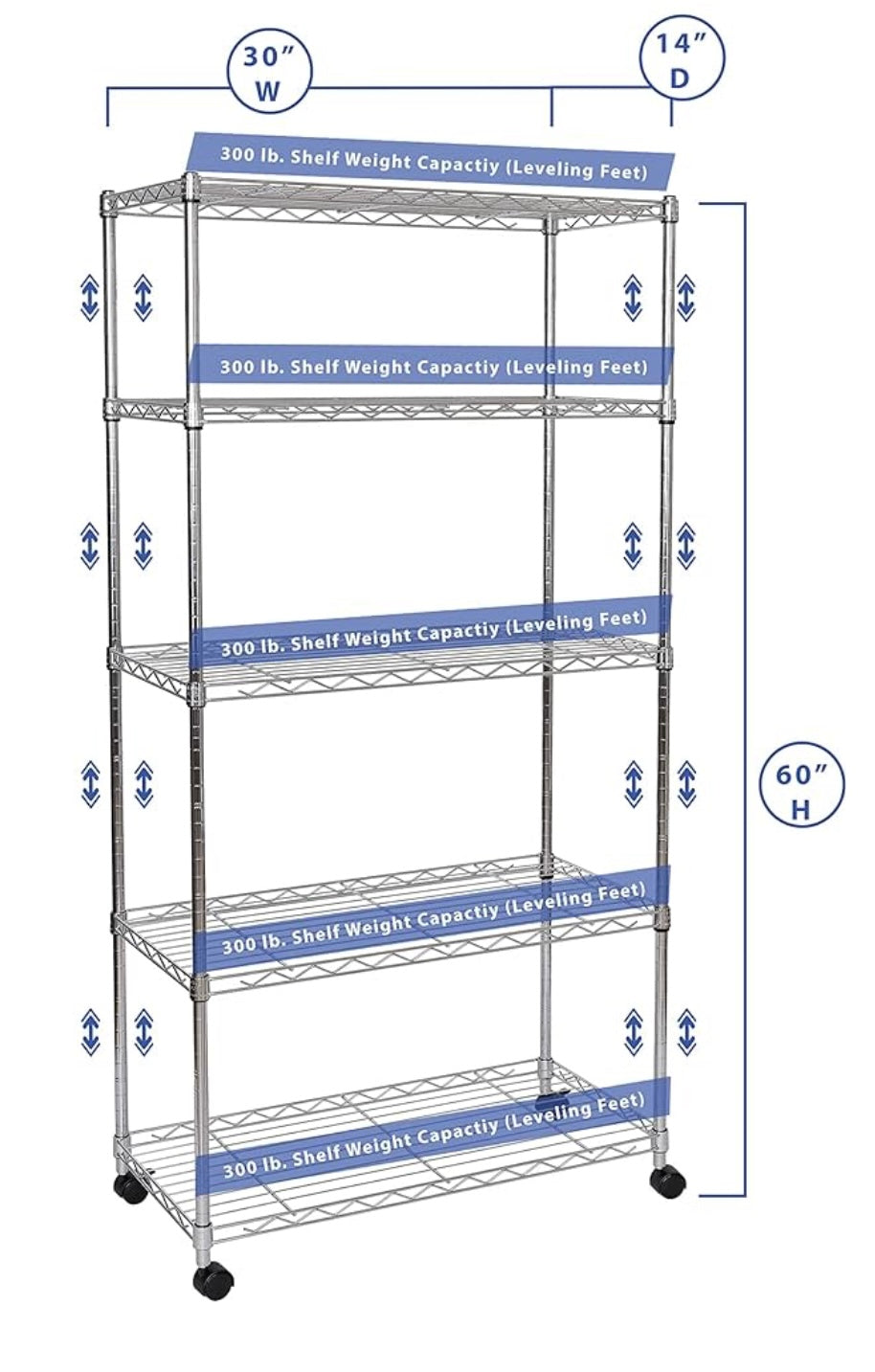 5-Tier Wire Shelving with Wheels, 5-Tier, 30"" W x 14"" D (NEW MODEL), Chrome Plating, Plated Steel