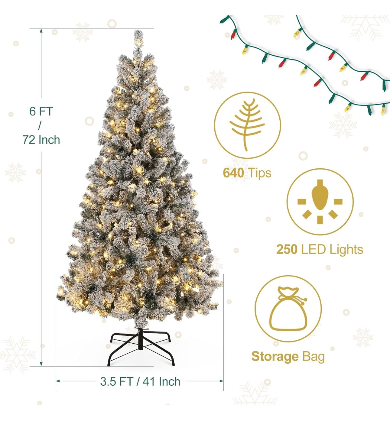 Christmas Tree with Warm White Lights, 6FT Tall Lighted Xmas Tree with Foldable Metal Stand, Large Snow Flocked Xmas Tree for Office, Home, Holiday Party, Christmas Decor