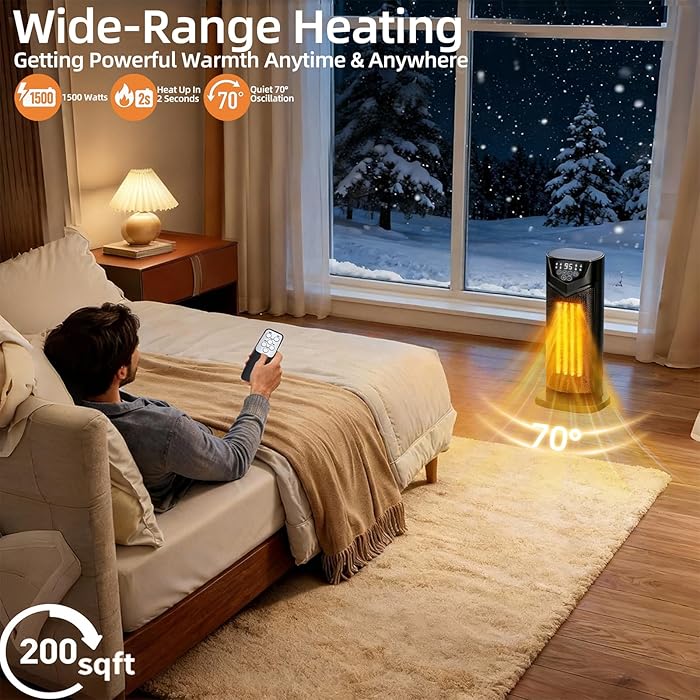 Space Heater, Portable Electric Small Heater for Indoor Use with Thermostat & Remote, Timer, 1500W PTC Ceramic Fast Safety Heat for Bedroom Living Room