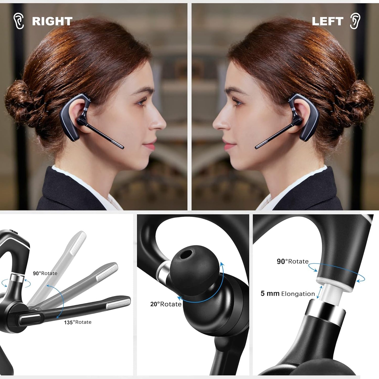 Bluetooth Headset V5.1, Wireless Headset with 500mAh Charging Case, Noise Canceling Mic for Driving and Office. (USB-A Adapter Included)