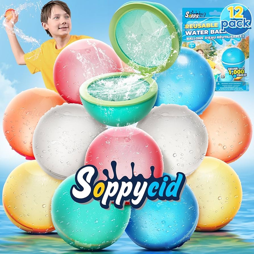 SOPPYCID Reusable Water Balloon Pool Toys,12pcs Refillable Magnetic Water Ball for Beach,Quick Fill & Self-Sealing Water Bombs for Kids Outdoor Backyard Summer Activities Water Games