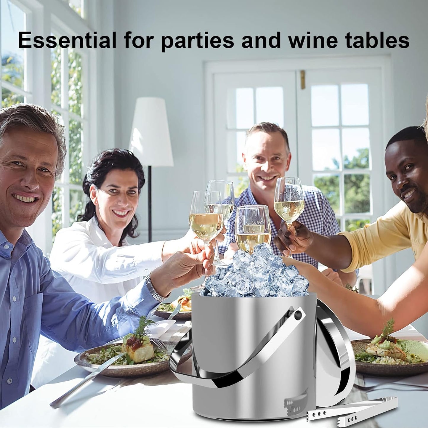 Stainless Steel Ice Bucket For Parties With Lid And Ice Tongs,Insulated Wine Bucket With Strainer Keeps Drinks Cold And Ice Cube From Melting