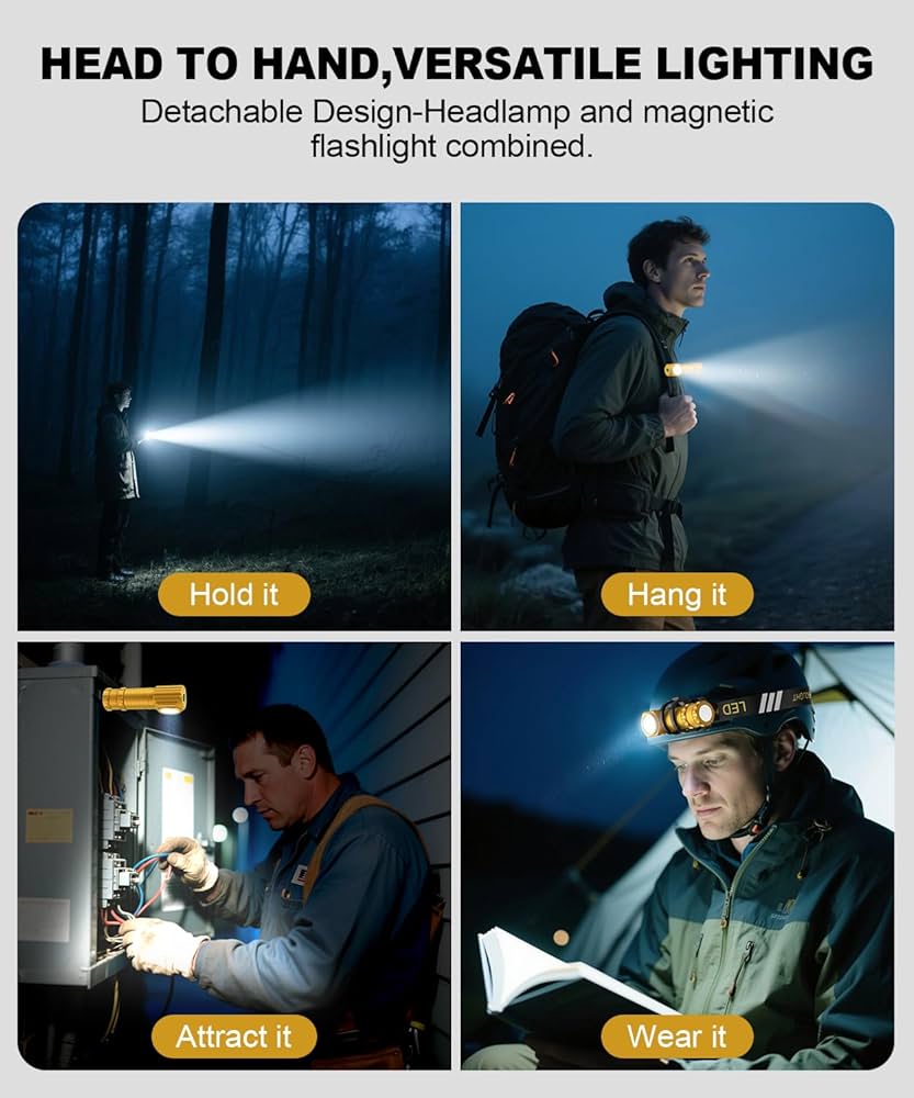LED Rechargeable Headlamp for Adults - Hard Hat Light Running Head Lamp with Red Light, Magnet, 180° Tilt, 7 Modes, Detachable Flashlight & Headband, Outdoor, Emergency Use 2PC
