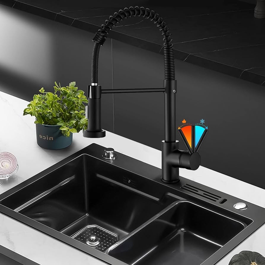 Kitchen Faucets with Pull Down Sprayer, Commercial Industrial Spring Single Handle Stainless Steel & Solid Brass Kitchen Sink Faucets for Farmhouse Camper Kitchen Rv (Matte Black)