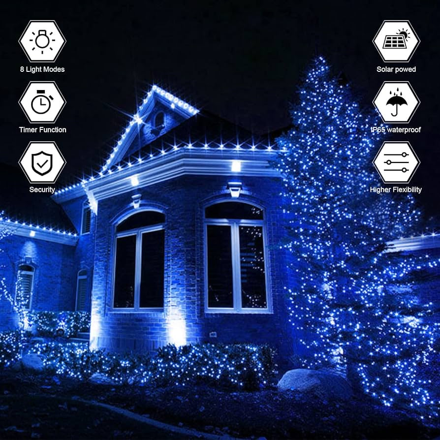 2 Pack Blue Outdoor Solar Fairy Lights, 39.37ft 2X120 LED Decorative Fairy Lights with 8 Modes, Waterproof Copper Wire Lights for DIY Decoration Garden Party Wedding Patio Yard