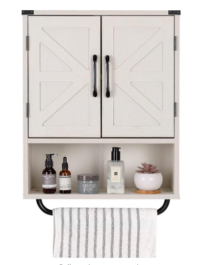 Wood Wall Mounted Storage Cabinet with Two Barn Door, 3-Tier Farmhouse Toilet Bathroom Spacesaver, Multipurpose Kitchen Medicine Cabinet with Adjustable Shelf and Towel Bar