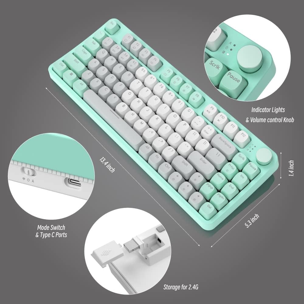 Mechanical Gaming Keyboard Linear Switches 86 Keys Hot Swappable Wireless Keyboards Bluetooth 5.1/2.4G/USB-C Triple Mode Connection,Wired Laptop Keyboard for PC Mac iPad Green