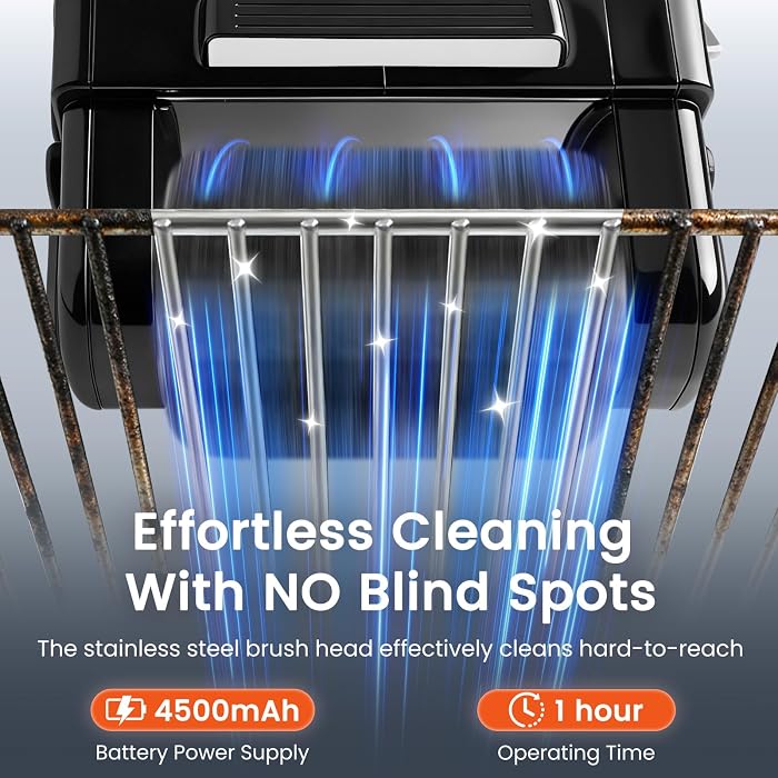 Electric Grill Brush for Outdoor,Ultra High Power Cordless BBQ Cleaner
950RPM,Rechargeable,4500mAh,Removable head,LED Light,304 Stainless Steel Reinforced Steel Bristles,Power Scrubber
