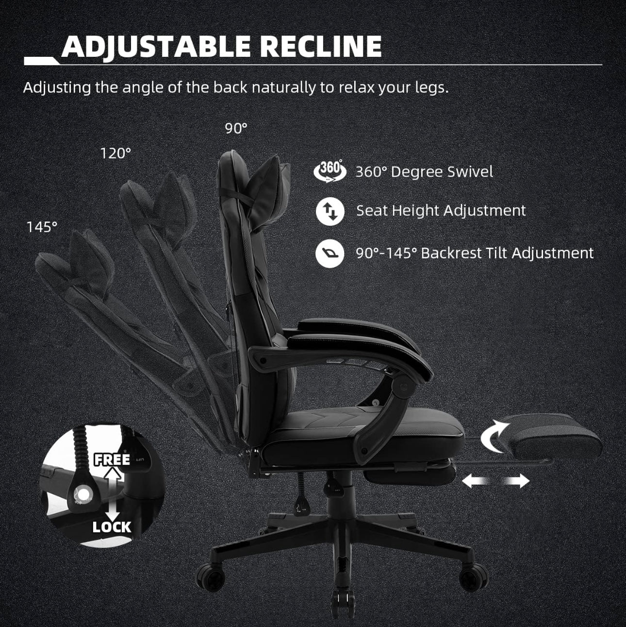 AJS Gaming Chair, Video Game Chair Ergonomic Task Racing Chair Adjustable Swivel PU Leather Office Chair, with Lumbar Support, Headrest, Padded Armrest and Retractable Footrest (Black)