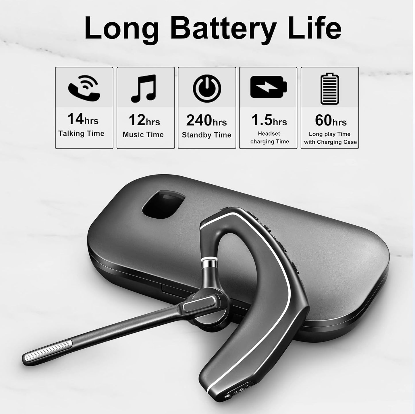 Bluetooth Headset V5.1, Wireless Headset with 500mAh Charging Case, Noise Canceling Mic for Driving and Office. (USB-A Adapter Included)