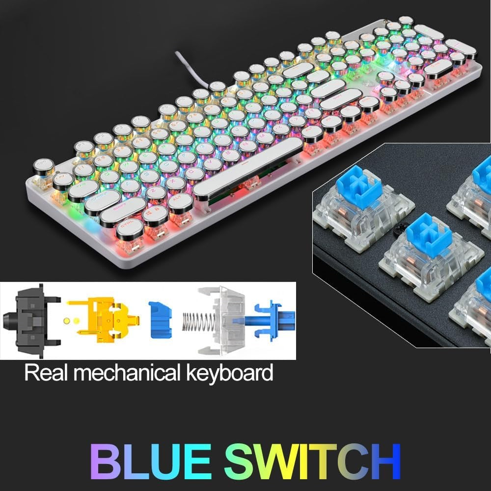 YSCP Typewriter Style Mechanical Gaming Keyboard RGB Backlit Wired with Blue Switch Retro Round Keycap 104 Keys Keyboard (Writertype Keyboard 104 )