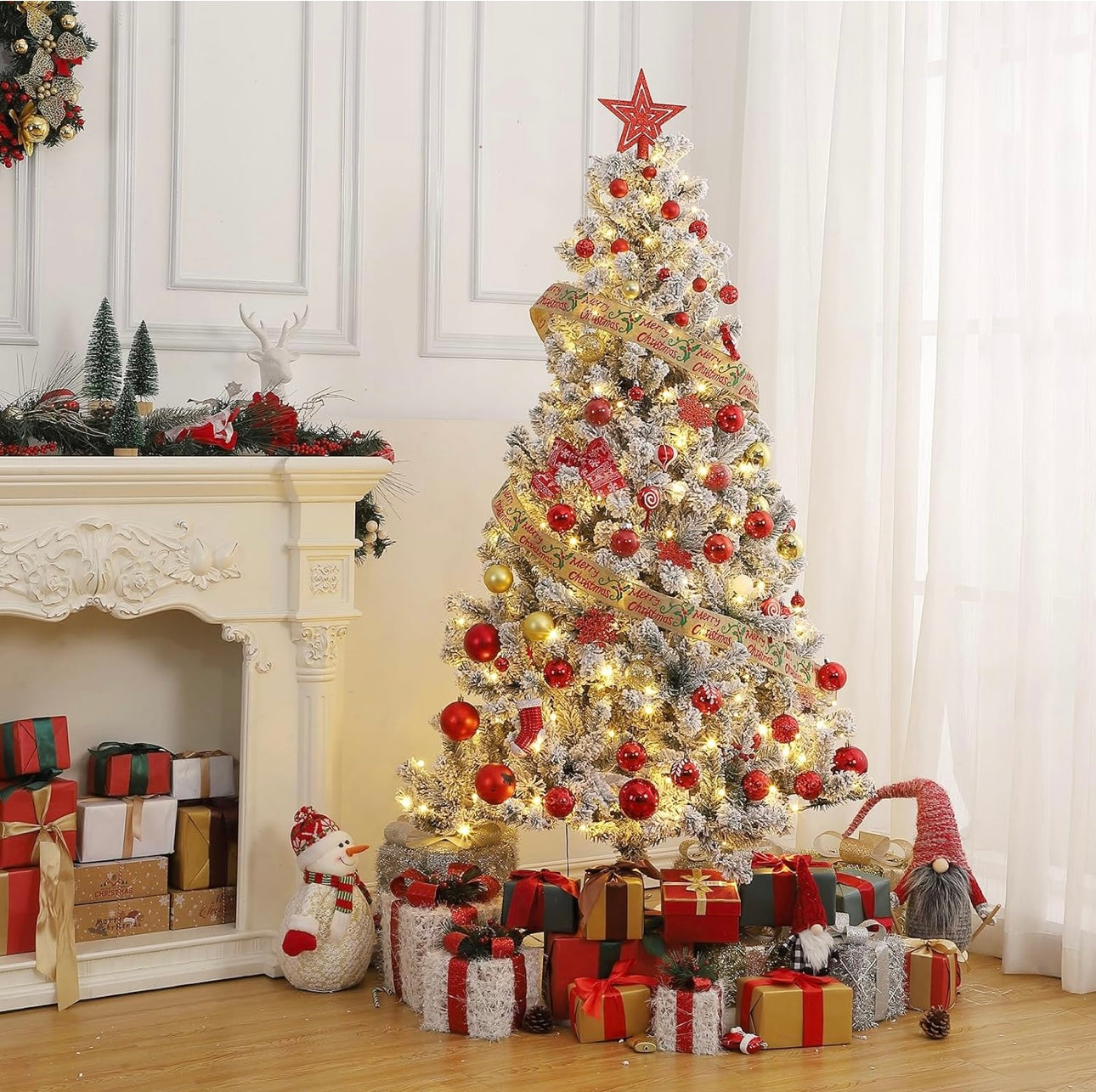 Christmas Tree with Warm White Lights, 6FT Tall Lighted Xmas Tree with Foldable Metal Stand, Large Snow Flocked Xmas Tree for Office, Home, Holiday Party, Christmas Decor