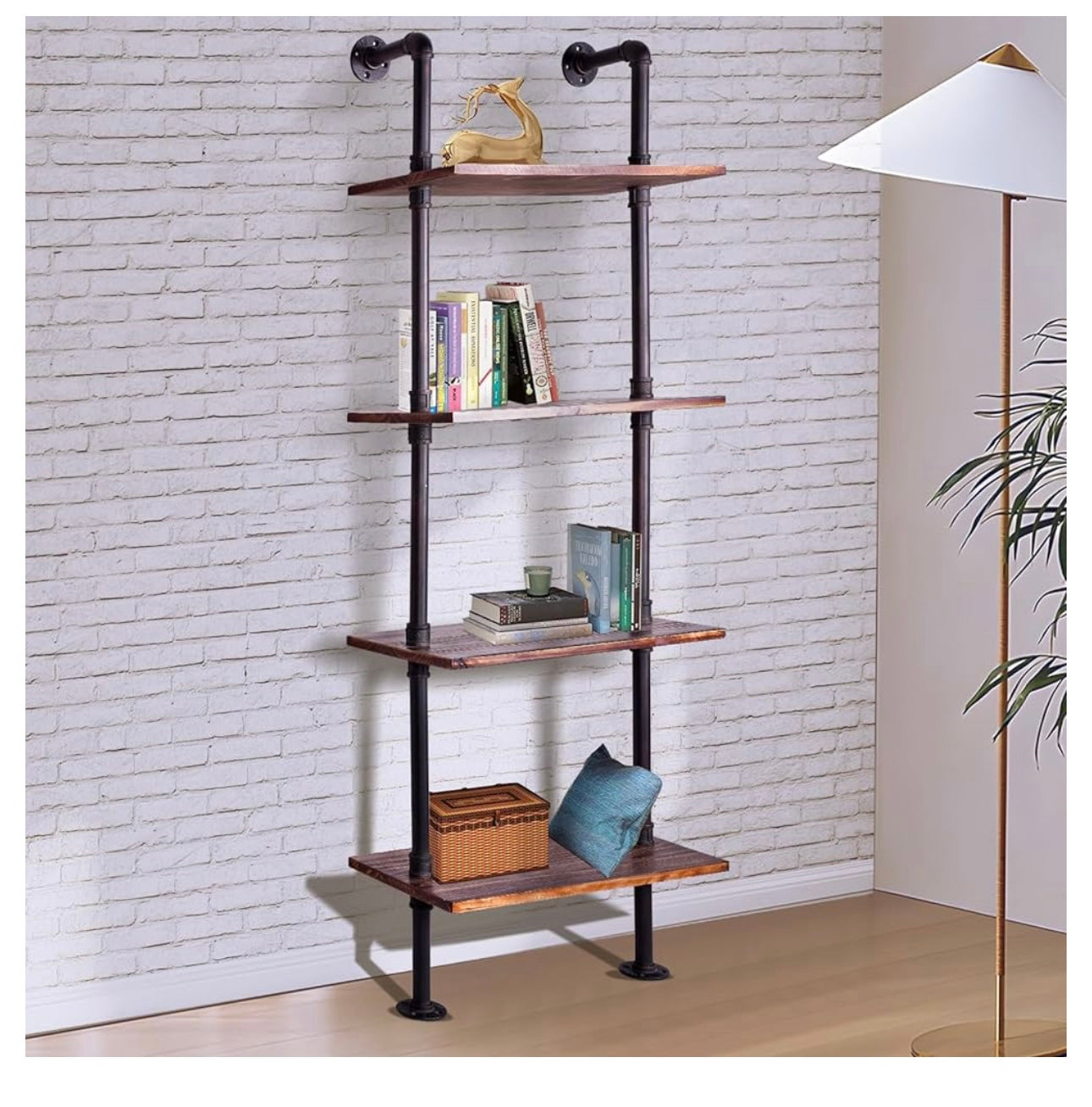 24 Inch Industrial Pipe Shelves-Wall Mounted Metal Pipe Wood Shelf-Rustic Pipe Ladder Bookshelf Bookcase-DIY Open Pipe Shelving