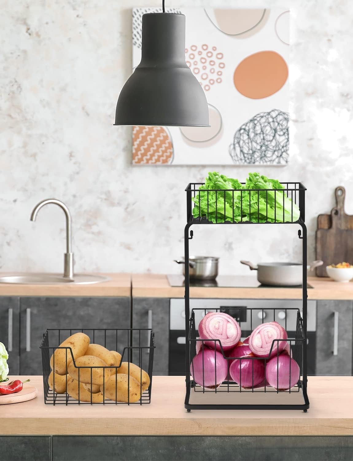 3-Tier Fruit Basket Fruit Bowl for Kitchen Counter or Floor,Fruit Holder Produce Basket for Fruits,Vegetables and Snacks,Metal Market Basket Storage Stand