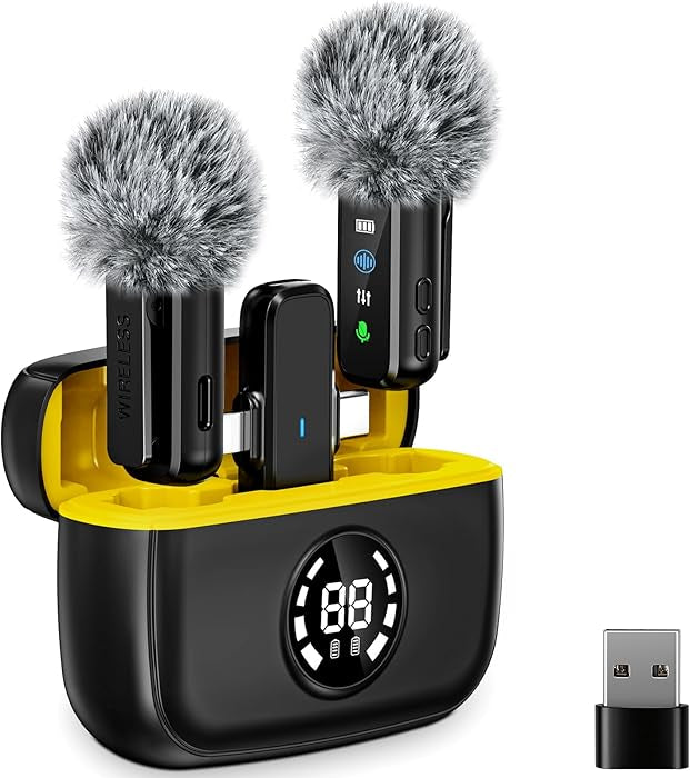 3 in 1 Wireless Lavalier Microphone for Android/Tablets/PC Intelligent Noise Cancelling with Charging Case Dual Microphones 20 H Battery Life, Mini Microphone for Video Recording Podcast-Black