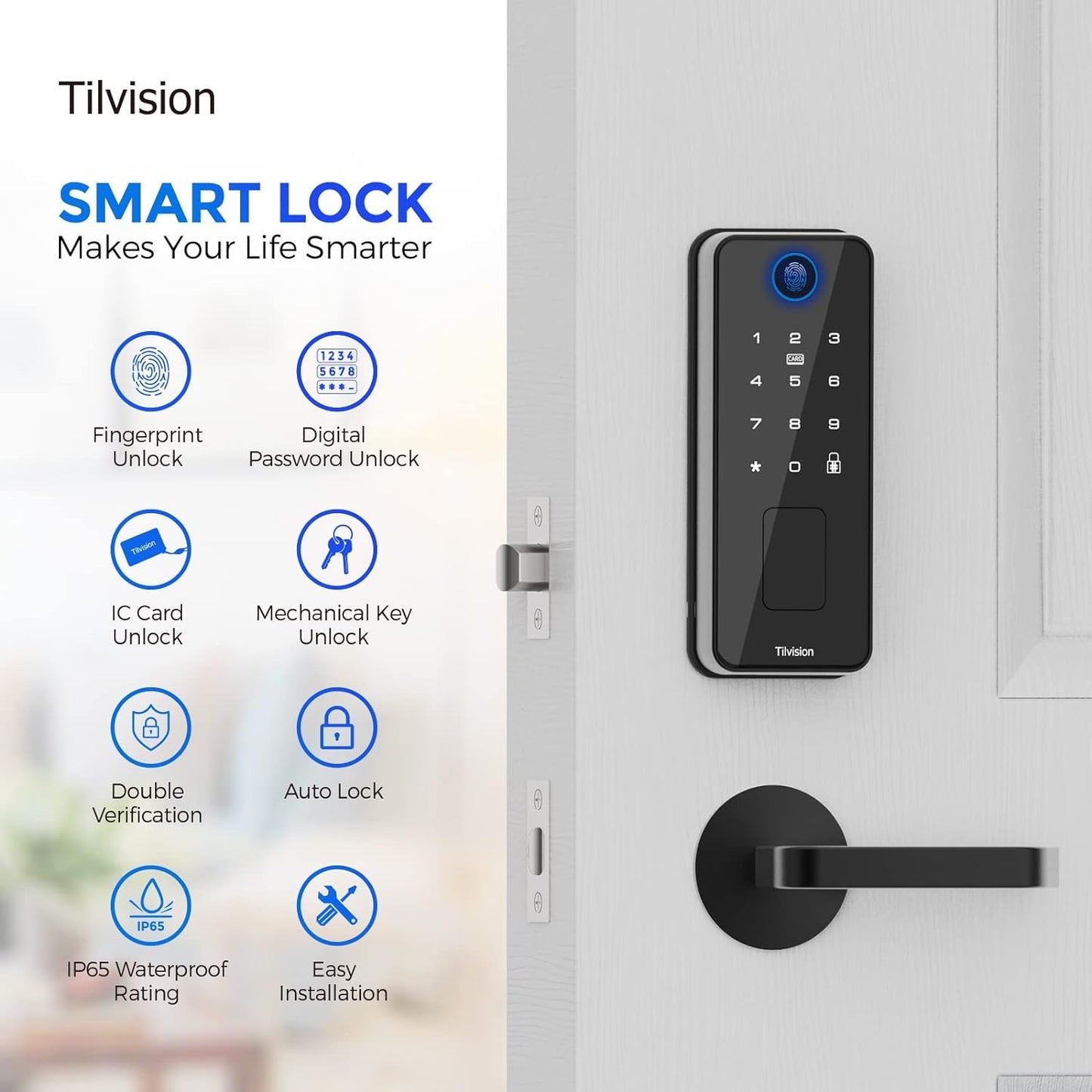 Fingerprint Door Lock,Keyless Entry Touchscreen Keypad Deadbolt with Fingerprint,Fob & Passcode Unlock - Auto Lock & IP65 Waterproof - Biometric Security Door Lock for Front Door,Home,Office