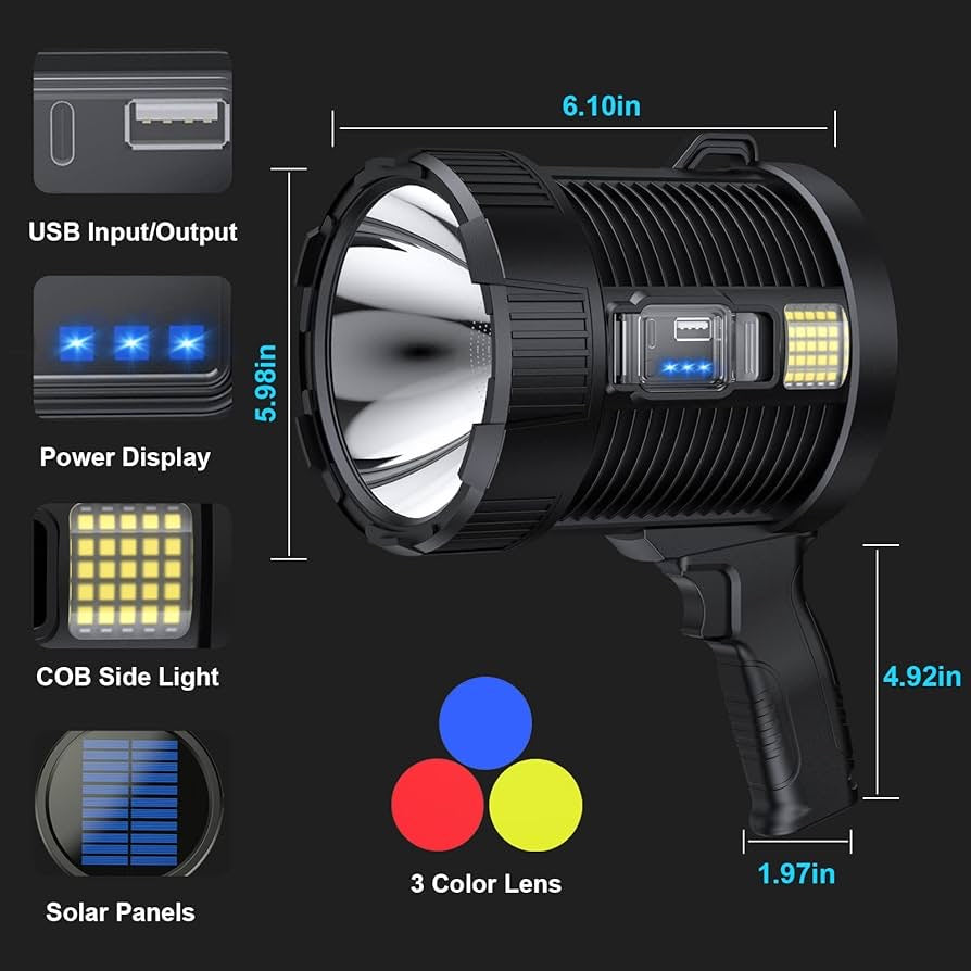 Rechargeable Spotlight, 900000 Lumens Led Spot Lights Handheld Large Flashlight Super Bright Outdoor Solar Spotlights Searchlight with Cob Light, 6 Modes, IPX5 Waterproof