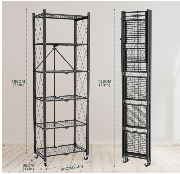 Folding Bookshelf, 6 Tier Metal Bookcase and Bookshelves, Tall Shelves for Living Room Office Bedroom, Heavy Duty Book Shelve Free Standing Open