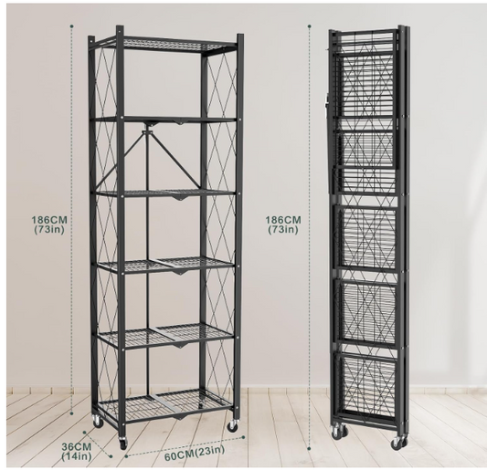 Folding Bookshelf, 6 Tier Metal Bookcase and Bookshelves, Tall Shelves for Living Room Office Bedroom, Heavy Duty Book Shelve Free Standing Open