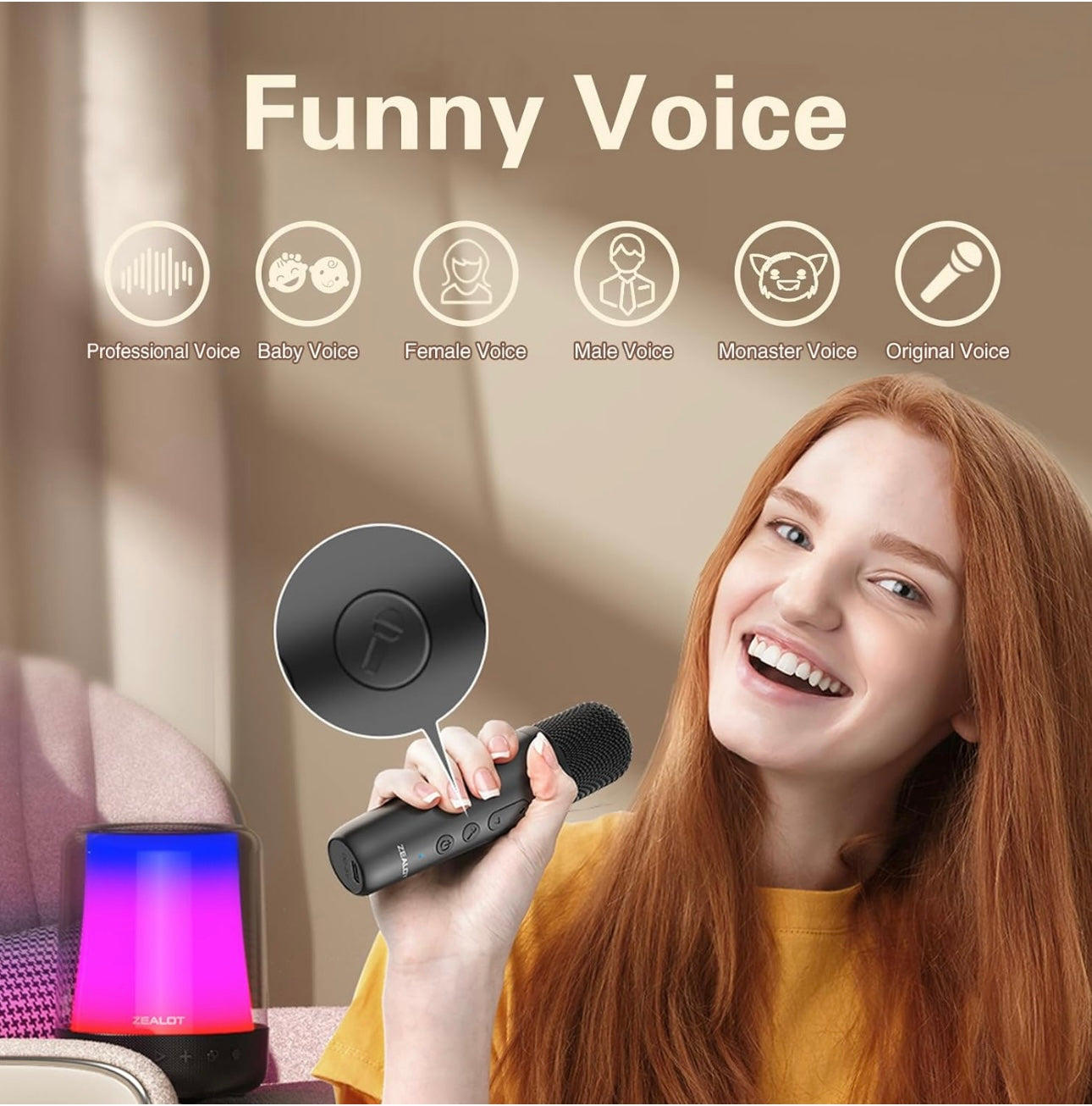 Karaoke Machine with 2 Wireless Microphones, TWS Portable Bluetooth Speaker with 11 LED Colors Lights, Super Bass, Funny Voice, Birthday Gifts for Adults&Kids, Girls Boys Home Party