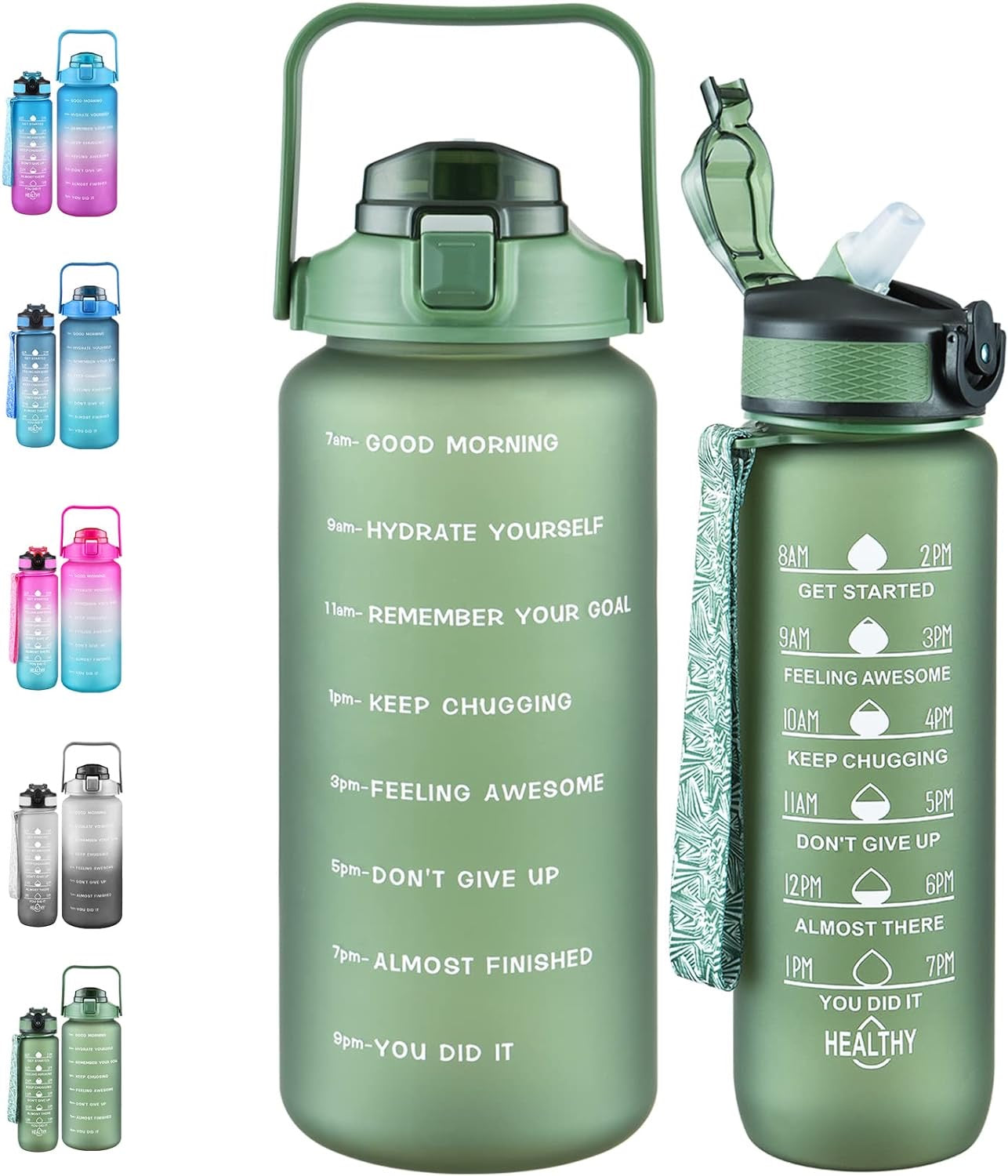 2 Pack Motivational Water Bottle, 27 oz & 64 oz Water Bottle with Times to Drink, Leakproof & BPA Free, Half Gallon Water Bottle with Straw for Office, Gym and Workout