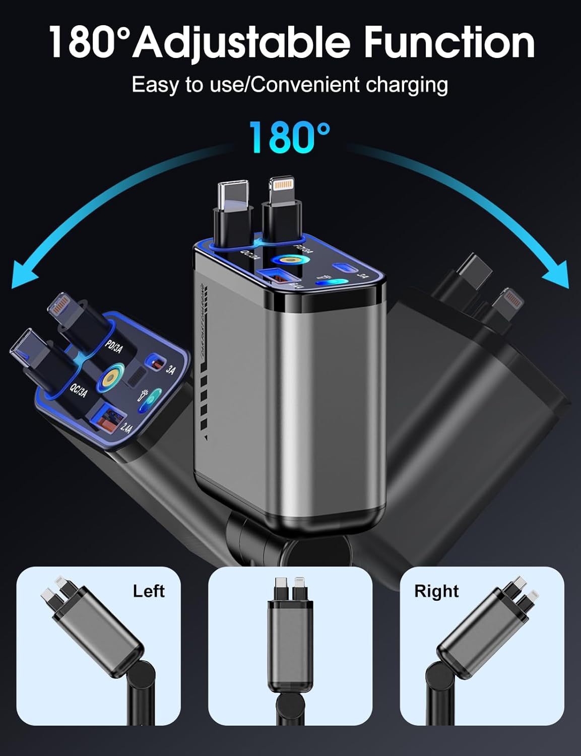 Retractable Car Charger 120W Fast Charging with Starlight,4 in 1 Universal Car Phone Charger,Built-in Type-C & Applehead Cable,Car Road Trip Retractable Accessory for iPhone,IPad,Samsung Galaxy,Pixel