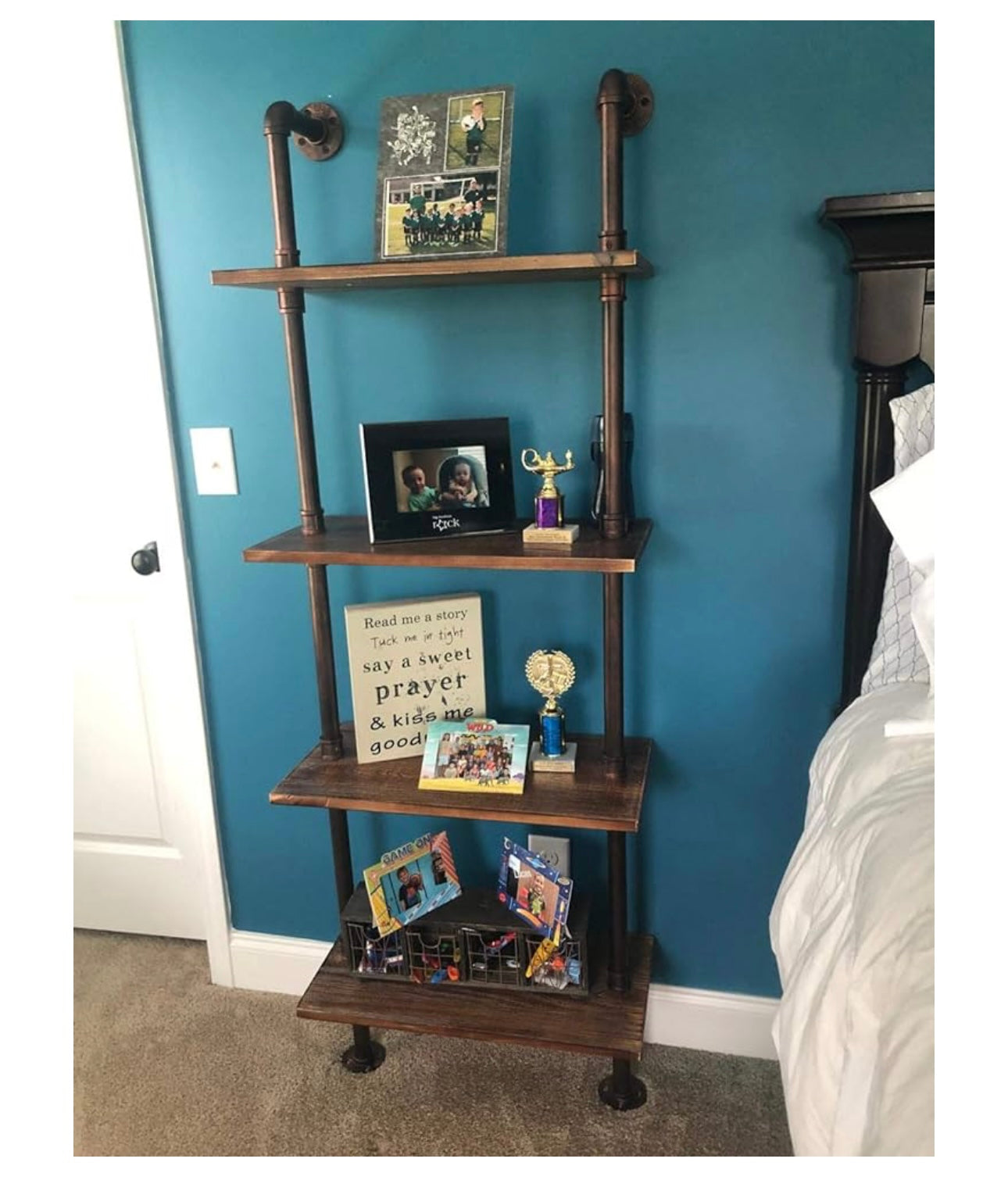 24 Inch Industrial Pipe Shelves-Wall Mounted Metal Pipe Wood Shelf-Rustic Pipe Ladder Bookshelf Bookcase-DIY Open Pipe Shelving