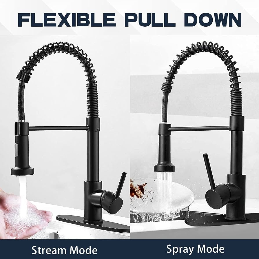 Kitchen Faucets with Pull Down Sprayer, Commercial Industrial Spring Single Handle Stainless Steel & Solid Brass Kitchen Sink Faucets for Farmhouse Camper Kitchen Rv (Matte Black)