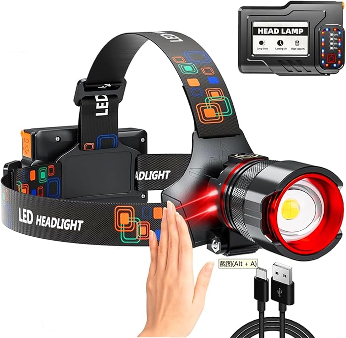 Headlamp 5000 LUMENS LED Rechargeable Head Lamps, Zoomable Headlight with 5 Modes & IPX7 Waterproof, 120° Adjustable Head Lights for Forehead for Outdoor, Camping, Hard Hat, Hunting