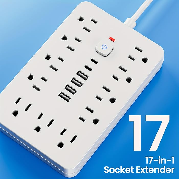 10 FT Flat Plug Surge Protector Power Strip,11 Multiple AC Outlets with 6 USB Ports (2 USB C), 10 Feet Extension Cord, 1250W/10A, One Touch Switch Button, White