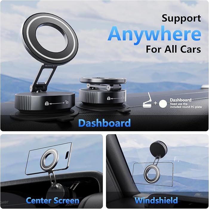 Vacuum Suction Cup Phone Mount, 360° Adjustable Magnetic Phone Holder for Car – [89+lbs Strongest Suction & 2800gf Magnetic] Swivel Lock for Car/Gym/Mirror/Shower