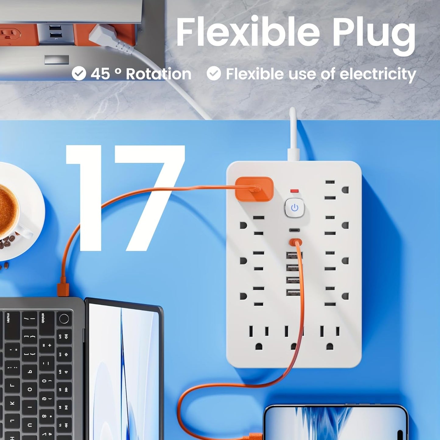 10 FT Flat Plug Surge Protector Power Strip,11 Multiple AC Outlets with 6 USB Ports (2 USB C), 10 Feet Extension Cord, 1250W/10A, One Touch Switch Button, White