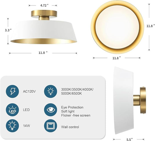 Flush Mount Ceiling Light, 12-inch LED Ceiling Light Fixture,3000K/3500/4000K/5000K/6500K Adjustable,14W/1400lm, White and Gold Finish, Energy Saving for Bedroom, Hallway