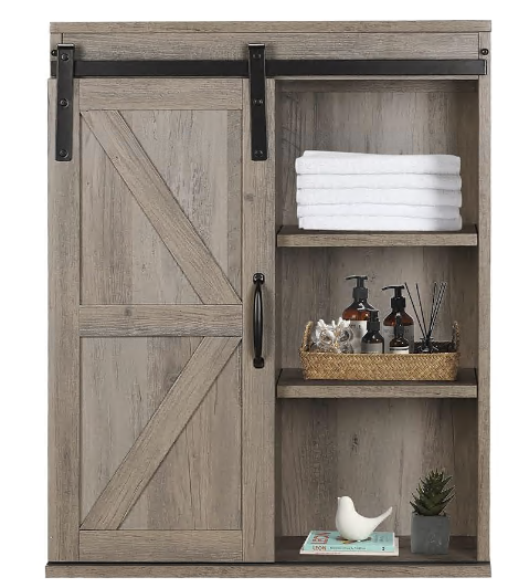 Rustic Wooden Wall Mounted Storage Cabinet with Sliding Barn Door, Decorative Farmhouse Medicine Cabinet for Kitchen Dining, Bathroom, Living Room