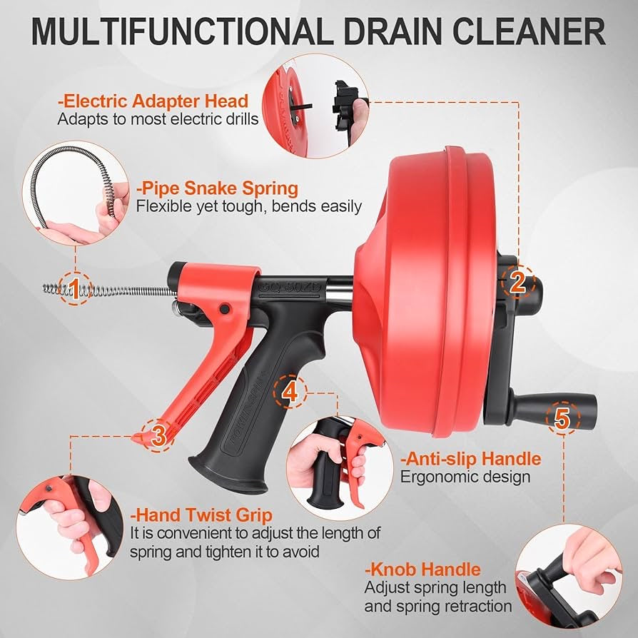 Drain Snake, Arc De TP Sewer Snake Plumbing Drain Auger, Manual or Drill Powered 25 Feet Heavy Duty Flexible Drum Auger Power Unclog Spin Drain Cleaner Tool for Kitchen,Bathrom and Shower Sink, Gutter