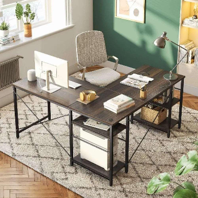 Bestier L Shaped Desk, 95.2 Inch Reversible Corner Computer Desk with Shelves, 2 Person Long Table for Home Office, Large Writing Storage Workstation with 3 Cable Holes